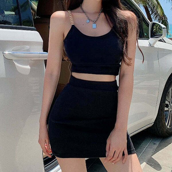 Gen Z K-POP Knitted Camisole Skirt with Chain Shoulder Strap