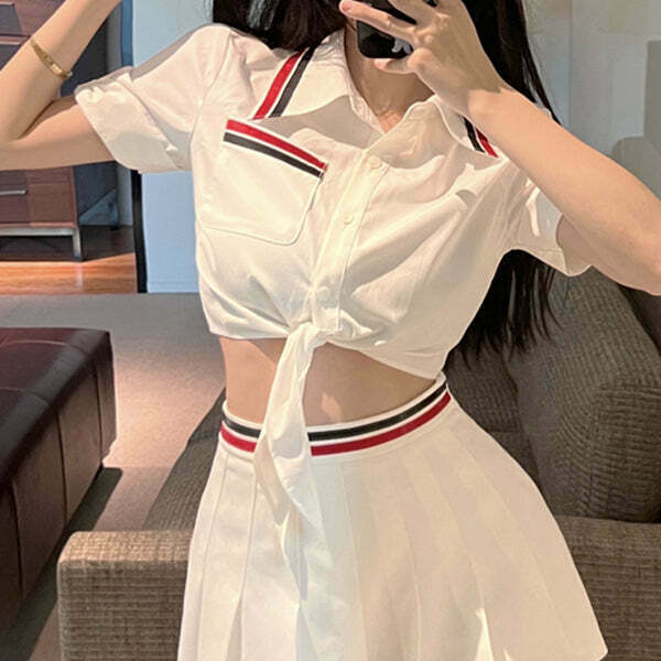 Gen Z K-POP Lace-Up Shirt & Pleated Skirt Set