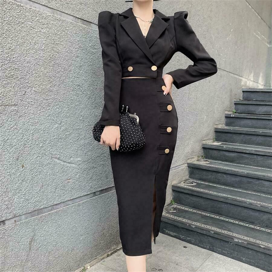 Gen Z K-POP Lapel Blazer and Slit Skirt Set for Y2K Streetwear Style