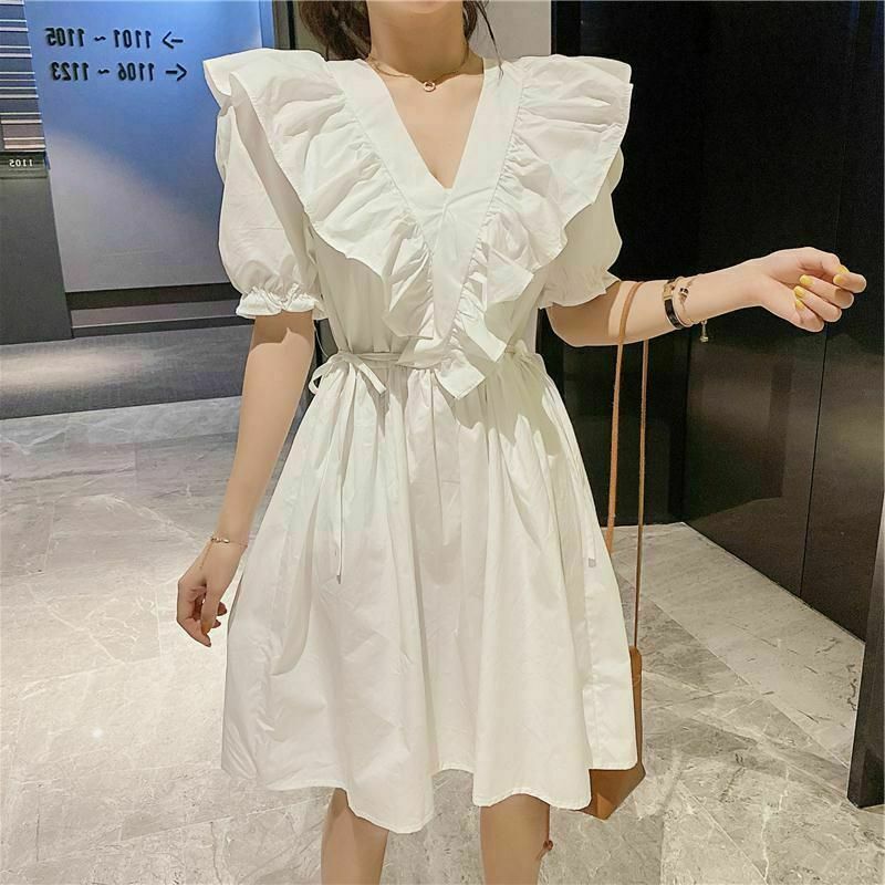 Gen Z K-POP Lotus Leaf V-Neck Puff Sleeve Dress for Y2K Streetwear Style