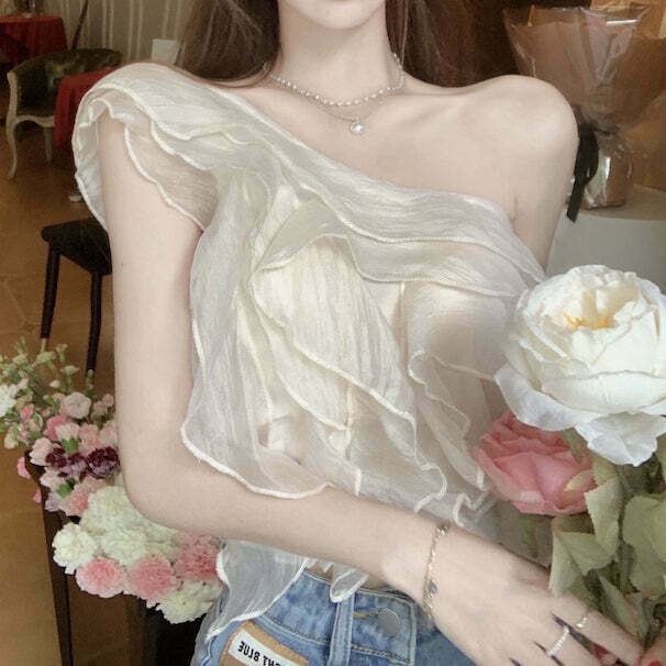 Gen Z K-POP One-Shoulder Ruffled Chiffon Top with Pearls - Y2K Streetwear Style