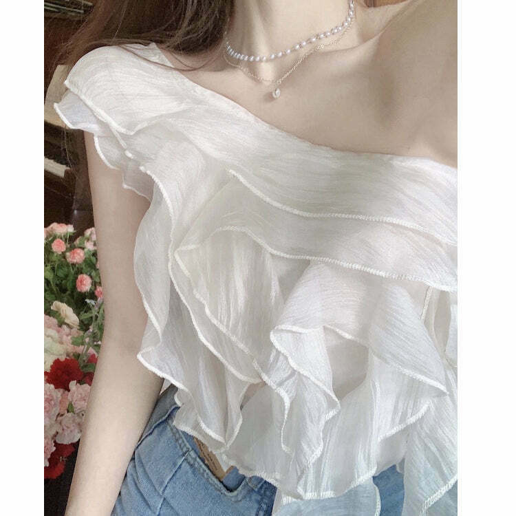 Gen Z K-POP One-Shoulder Ruffled Chiffon Top with Pearls - Y2K Streetwear Style