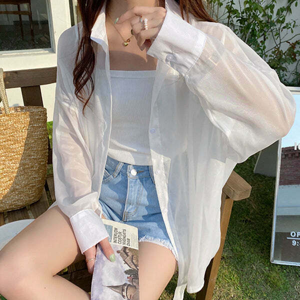 Gen Z K-POP Pearlized Chiffon Sun Shirt for Y2K Streetwear