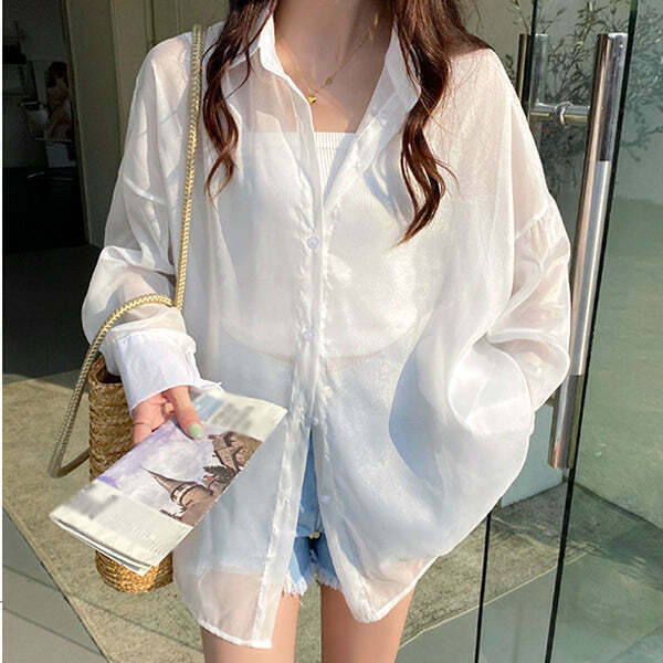 Gen Z K-POP Pearlized Chiffon Sun Shirt for Y2K Streetwear