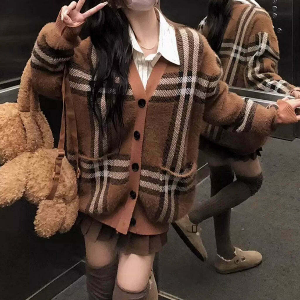 Gen Z K-POP Plaid Striped Cardigan Coat & Skirt Set