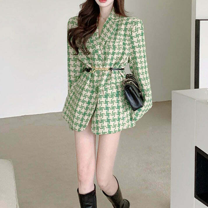 Gen Z K-POP Plaid Wool Suit Jacket for Y2K Streetwear Style