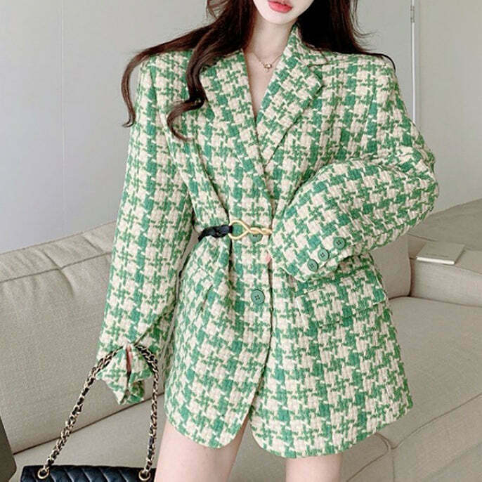 Gen Z K-POP Plaid Wool Suit Jacket for Y2K Streetwear Style