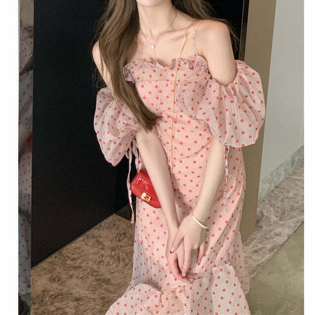 Gen Z K-POP Polka Dot Puff Sleeve Long Dress | Y2K Streetwear Fashion