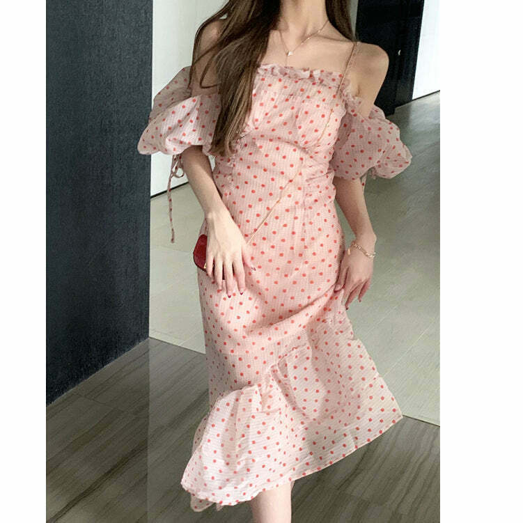 Gen Z K-POP Polka Dot Puff Sleeve Long Dress | Y2K Streetwear Fashion