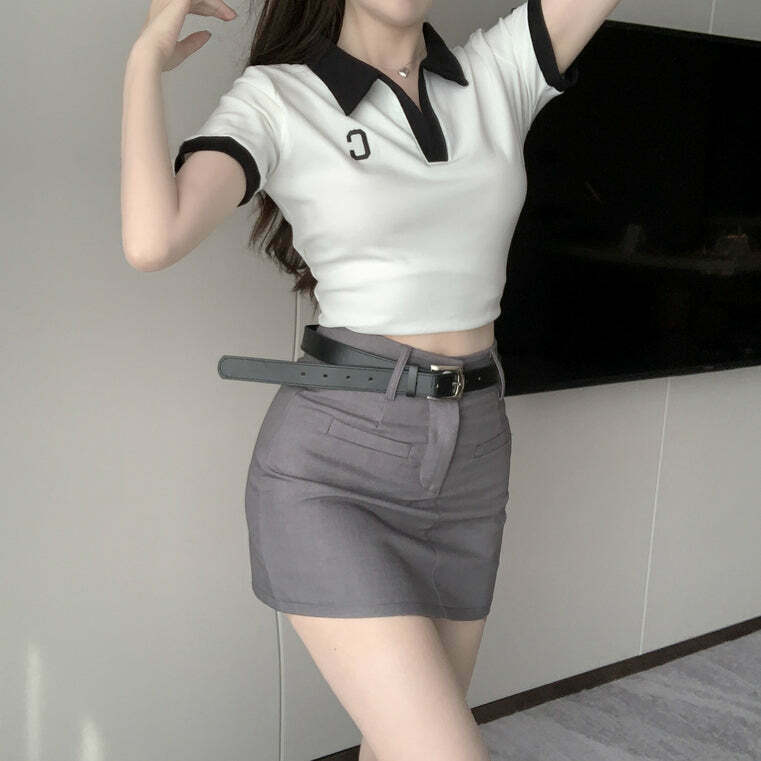 Gen Z K-POP Polo Collar T-Shirt & High Waist Skirt Set