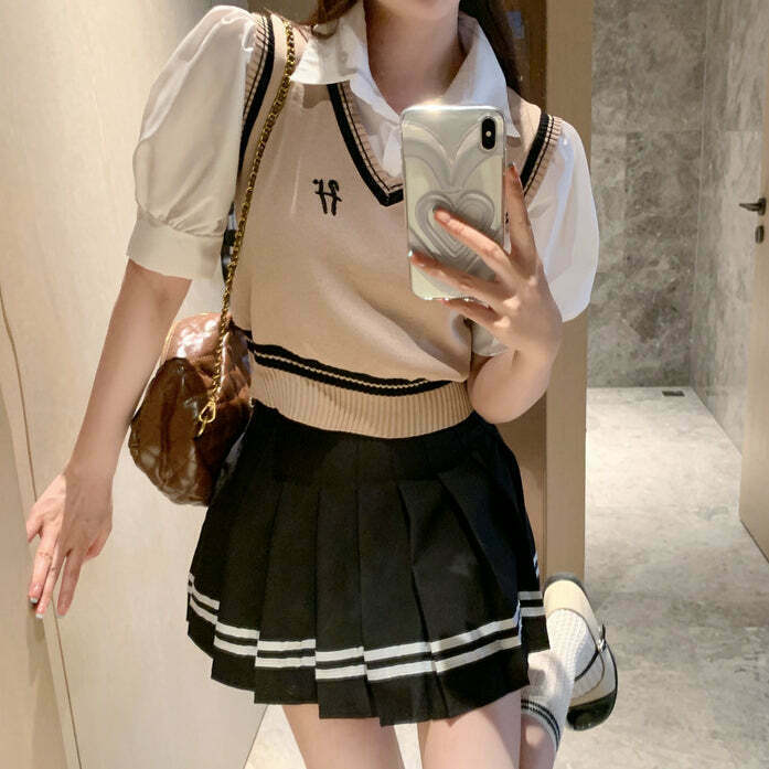 Gen Z K-POP Polo Collar Top with Striped Pleated Skirt