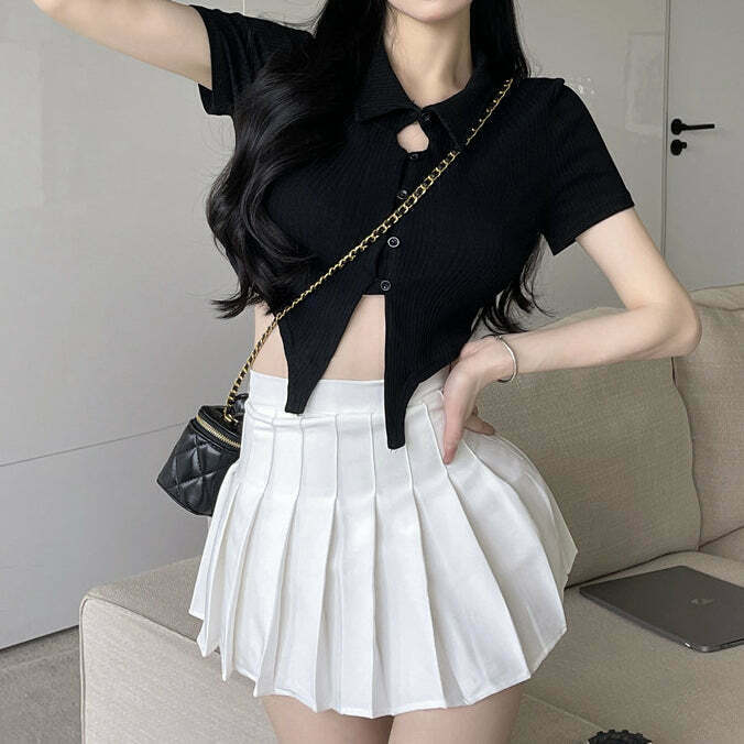 Gen Z K-POP Polo Neck Top & Pleated Skirt Set - Y2K Streetwear Style