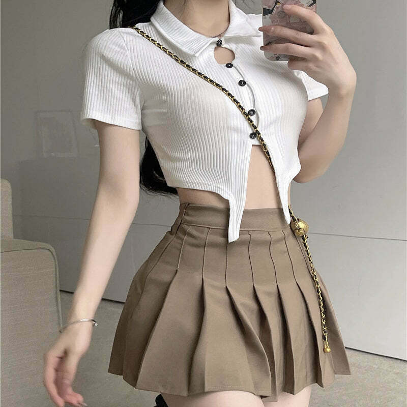 Gen Z K-POP Polo Neck Top & Pleated Skirt Set - Y2K Streetwear Style