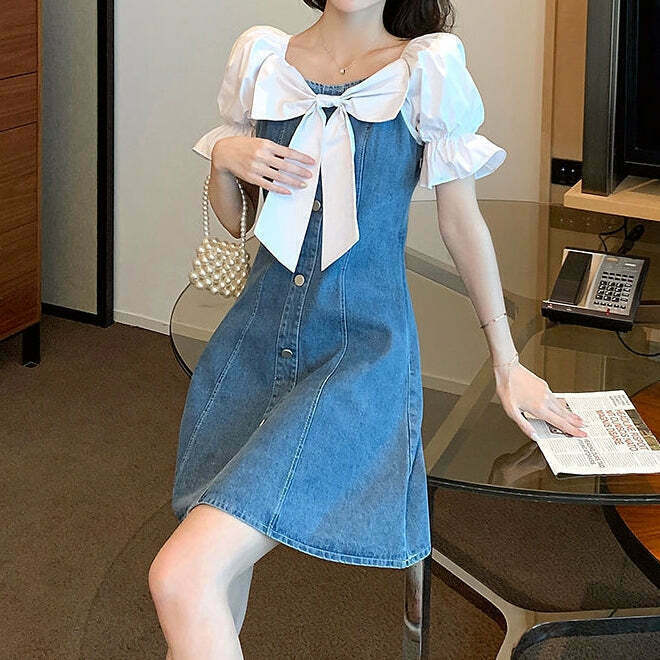 Gen Z K-POP Puff Sleeve Denim Dress with Bow Detailing