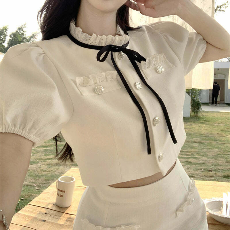 Gen Z K-POP Puff Sleeve Top & Elegant Skirt Set