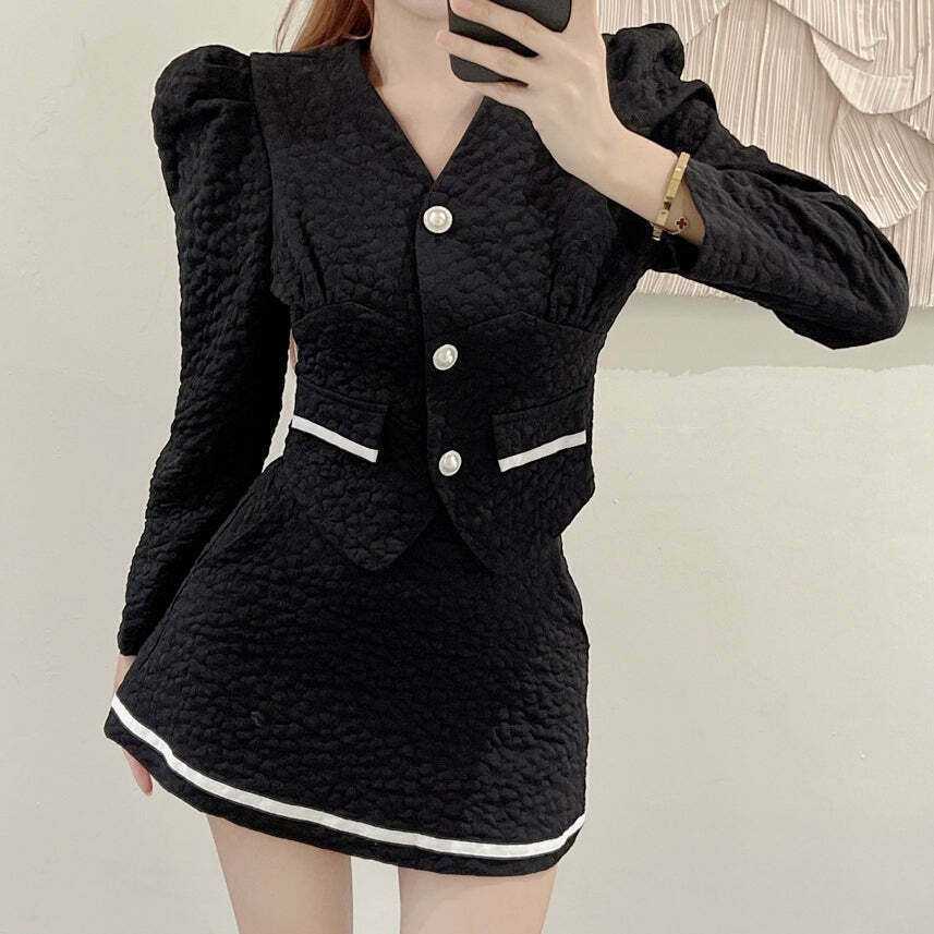 Gen Z K-POP Puff Sleeve V-Neck Top & Short Skirt Set