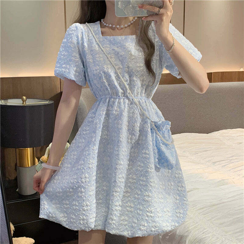 Gen Z K-POP Square Neck Puff Sleeve Dress for Y2K Streetwear Style