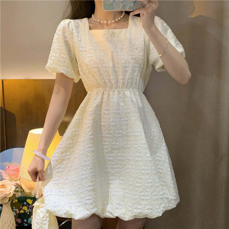 Gen Z K-POP Square Neck Puff Sleeve Dress for Y2K Streetwear Style