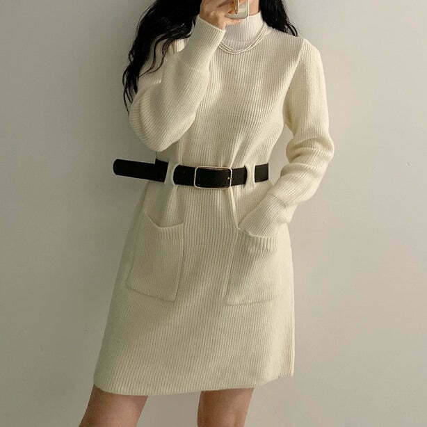 Gen Z K-POP Streetwear: A-Line Knitted Dress with Belt