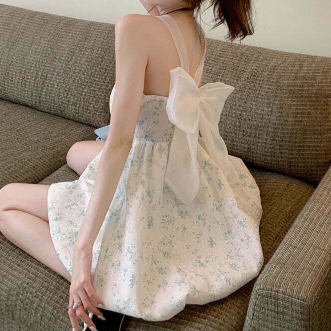 Gen Z K-POP Streetwear: Backless Bowknot Floral Sling Dress