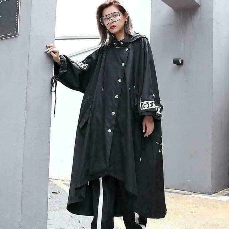 Gen Z K-POP Streetwear: Black Art Trench Coat for Y2K Fashion