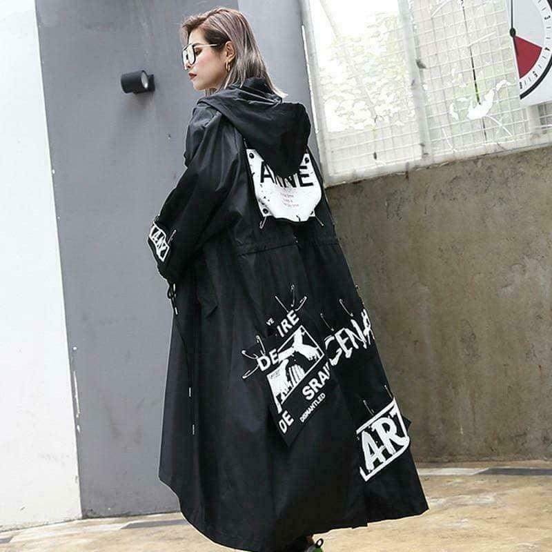 Gen Z K-POP Streetwear: Black Art Trench Coat for Y2K Fashion