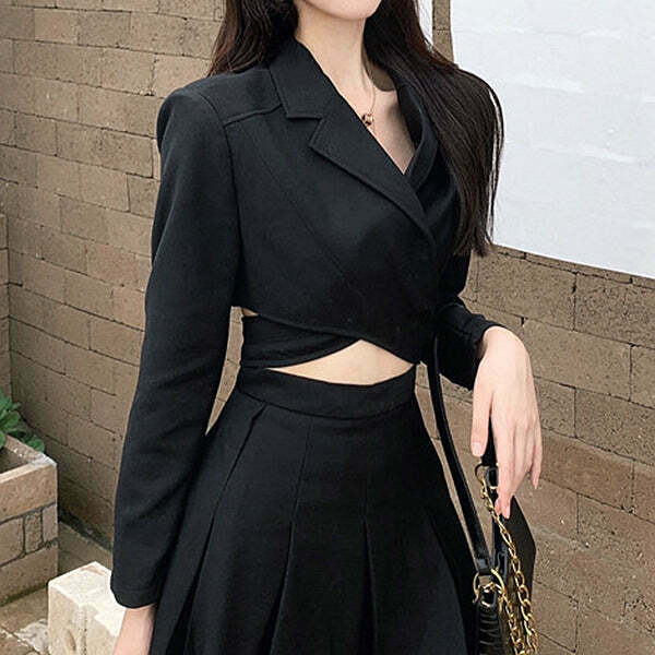 Gen Z K-POP Streetwear Black Blazer Top & Pleated Skirt Set