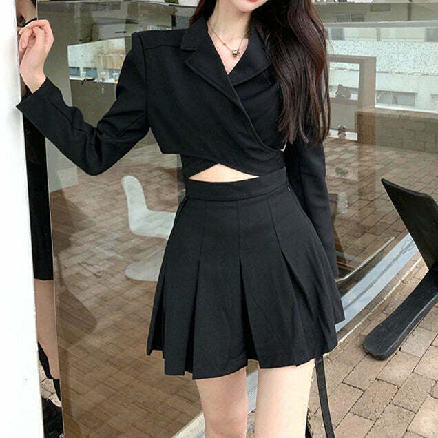 Gen Z K-POP Streetwear Black Blazer Top & Pleated Skirt Set