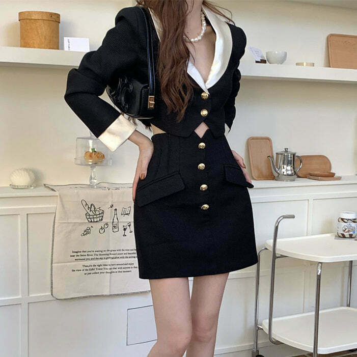 Gen Z K-POP Streetwear Black Blazer Top & Skirt Set