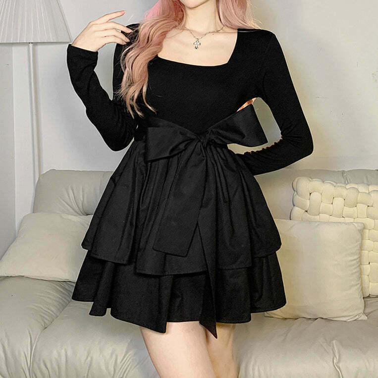 Gen Z K-POP Streetwear Black Dress with Big Bow Detail