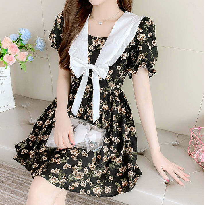 Gen Z K-POP Streetwear: Black Floral Lolita Dress for Summer