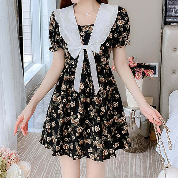 Gen Z K-POP Streetwear: Black Floral Lolita Dress for Summer