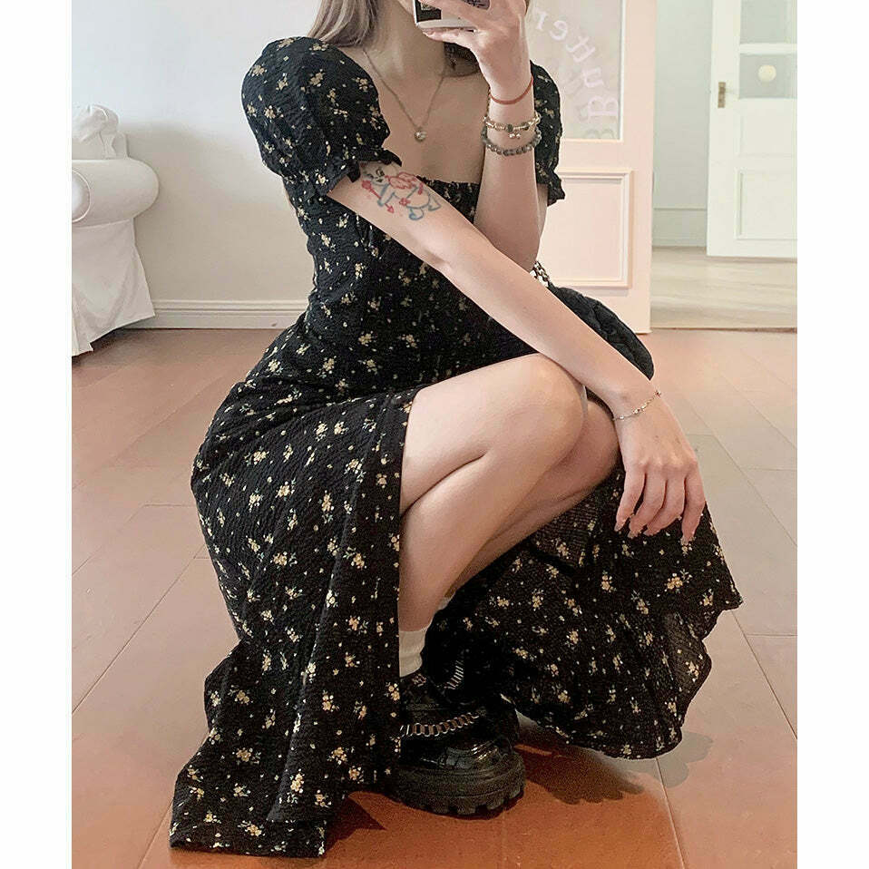 Gen Z K-POP Streetwear: Black Floral Puff Sleeve Dress