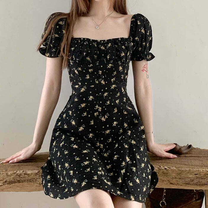 Gen Z K-POP Streetwear: Black Floral Puff Sleeve Dress