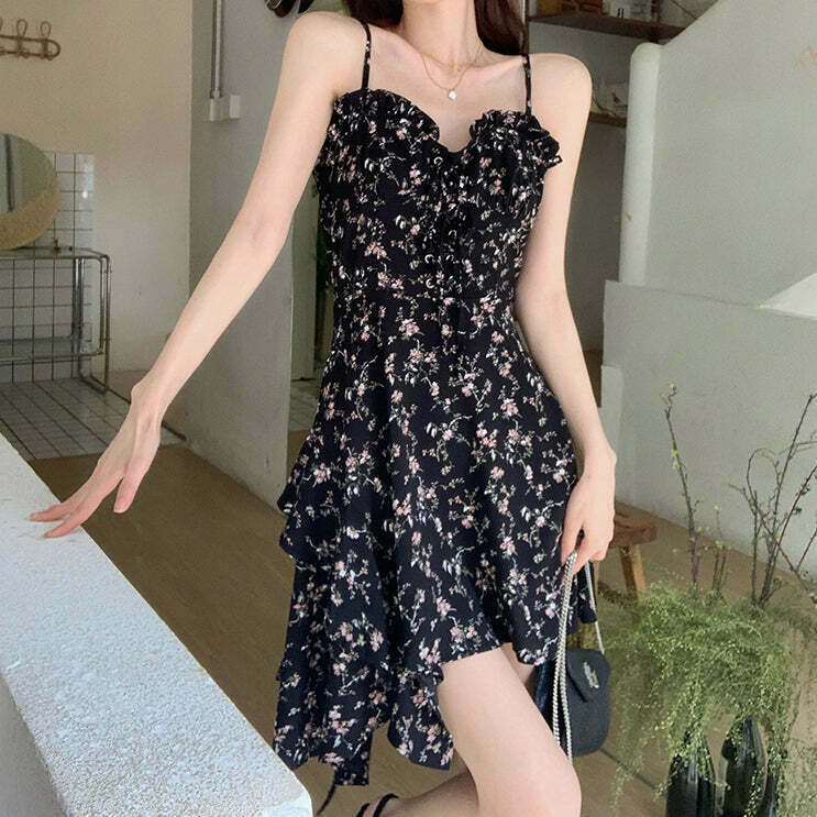 Gen Z K-POP Streetwear: Black Floral Suspender Dress