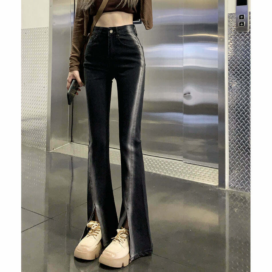 Gen Z K-POP Streetwear: Black Gradient Stretch Slit Jeans