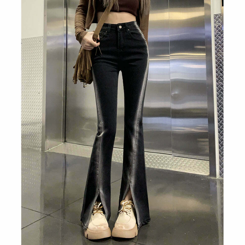 Gen Z K-POP Streetwear: Black Gradient Stretch Slit Jeans