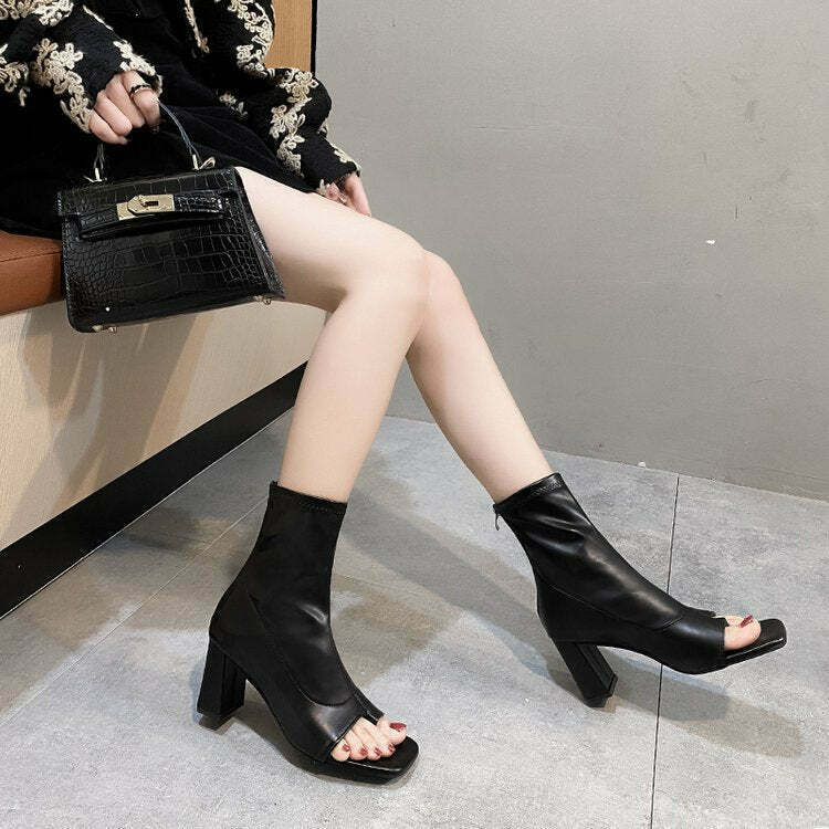 Gen Z K-POP Streetwear: Black High-Heeled Square Toe Sandals