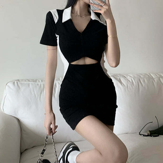 Gen Z K-POP Streetwear: Black Hollow V-Neck Bodycon Dress