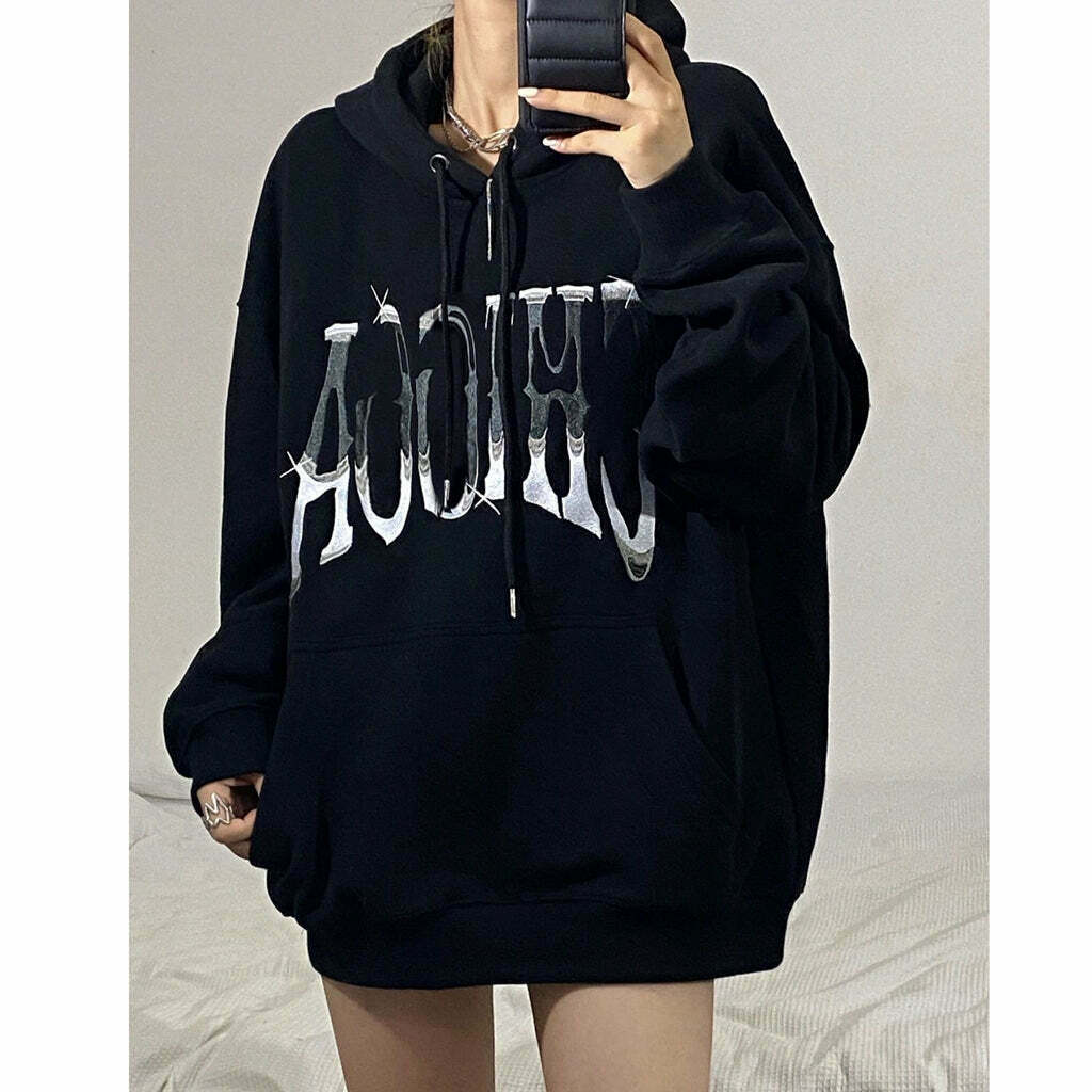 Gen Z K-POP Streetwear: Black Hooded Loose Print Sweatshirt