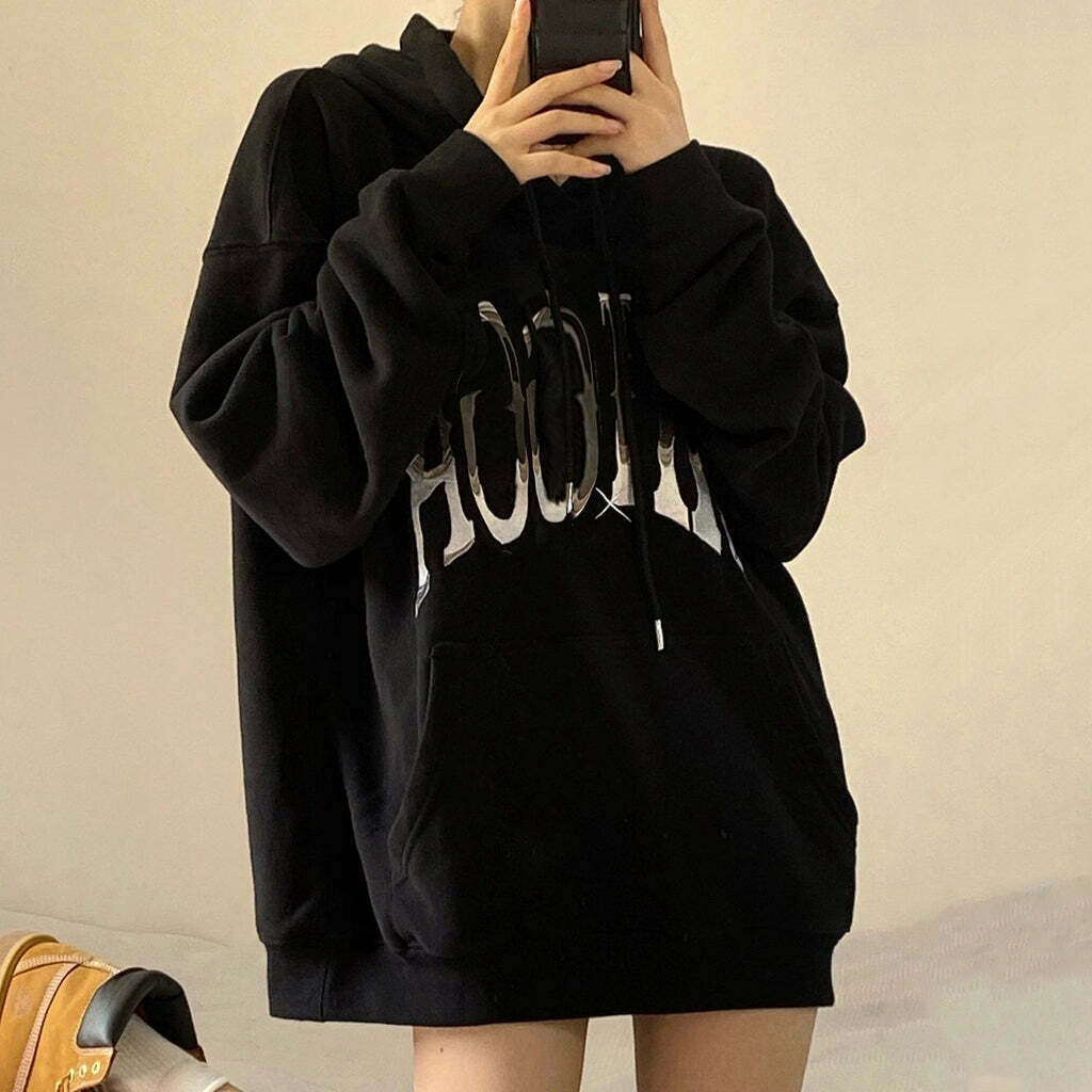 Gen Z K-POP Streetwear: Black Hooded Loose Print Sweatshirt