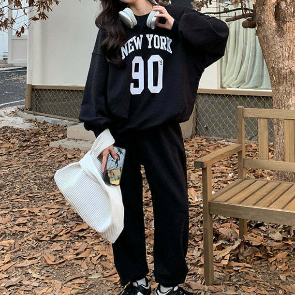 Gen Z K-POP Streetwear: Black Long Sleeve Letter Top & Track Pants Set