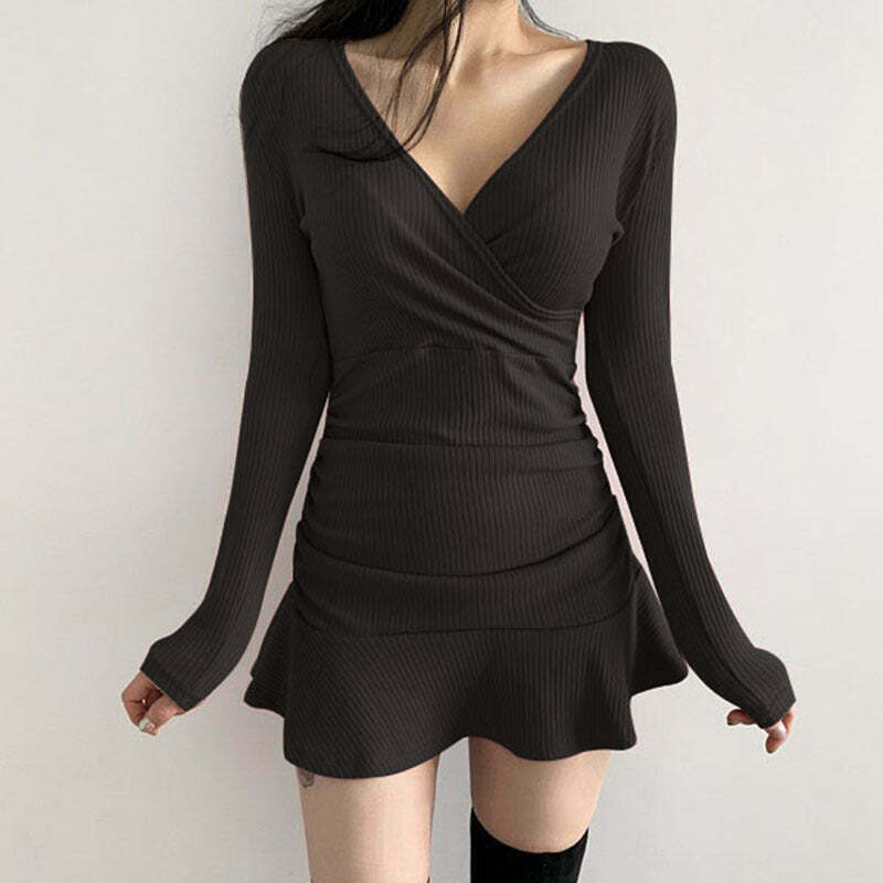 Gen Z K-POP Streetwear: Black Long-Sleeve V-Neck Ruffle Dress