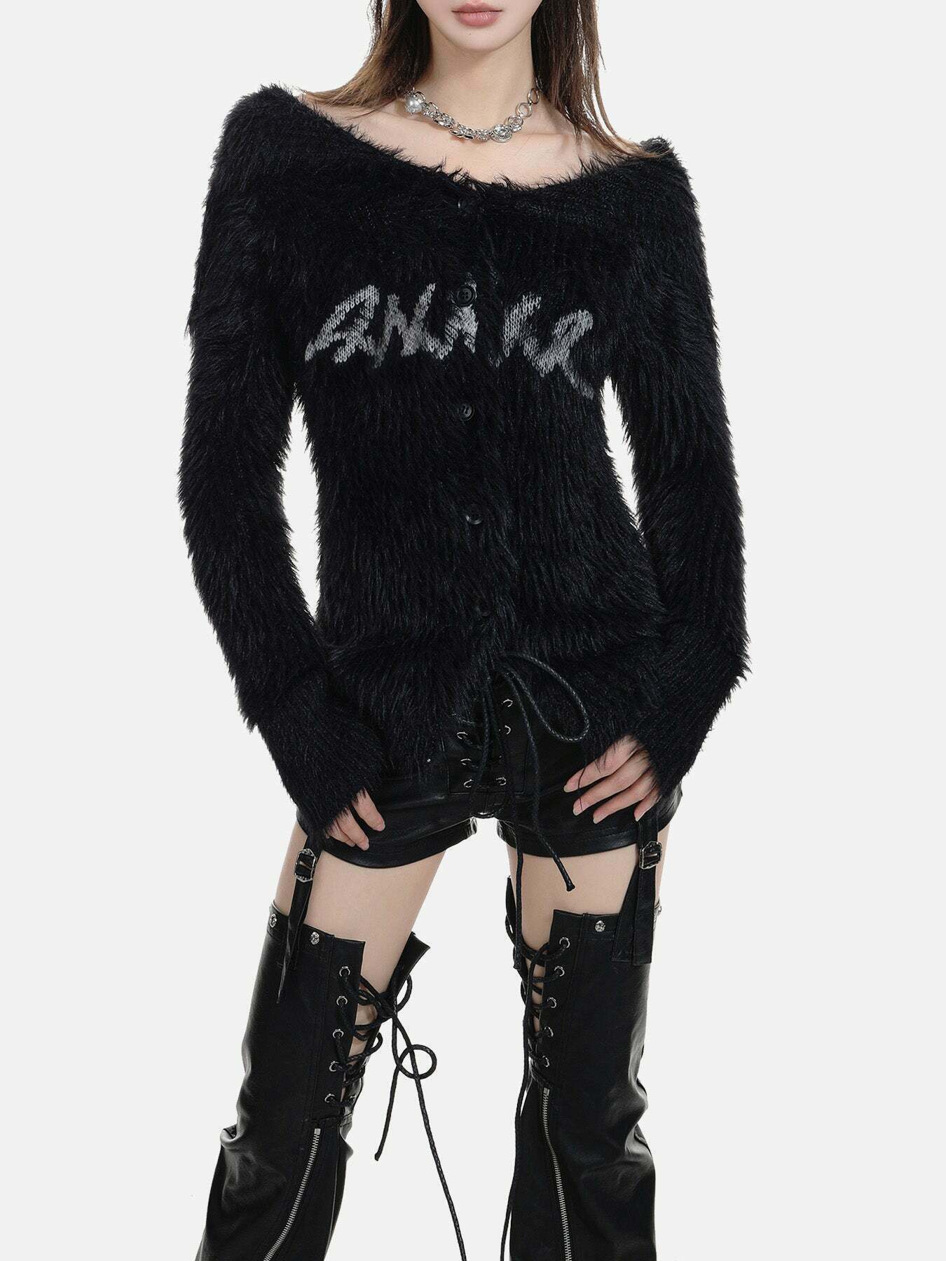 Gen Z K-POP Streetwear: Black Mink Velvet Off-Shoulder Sweater