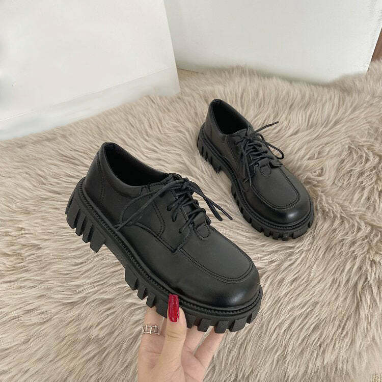 Gen Z K-POP Streetwear: Black Rubber Platform Lace-Up Shoes