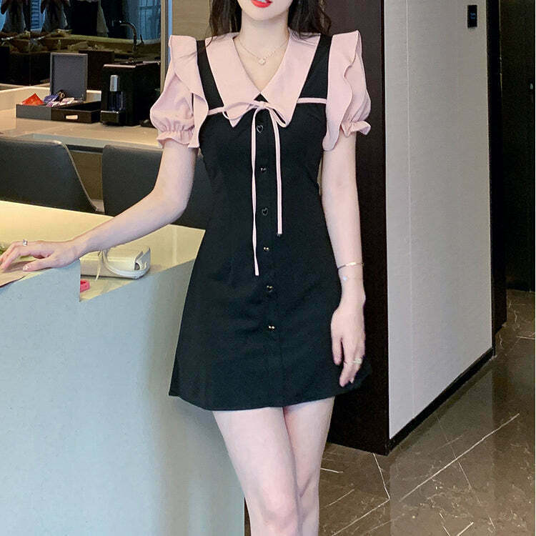 Gen Z K-POP Streetwear: Black Ruffled Waist Doll Collar Dress