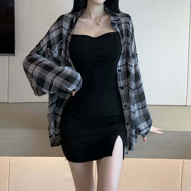 Gen Z K-POP Streetwear: Black Slim Cami Dress with Plaid Shirt