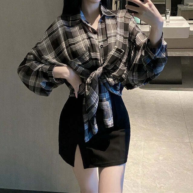 Gen Z K-POP Streetwear: Black Slim Cami Dress with Plaid Shirt