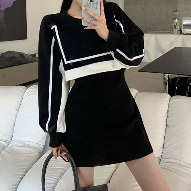 Gen Z K-POP Streetwear: Black & White Fake Two-Piece Short Dress