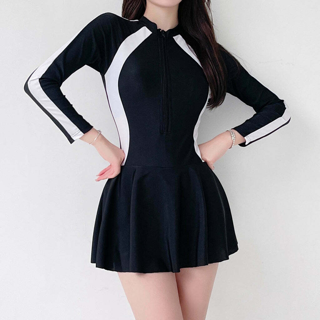 Gen Z K-POP Streetwear: Black Zip Long Sleeve One Piece Swimsuit